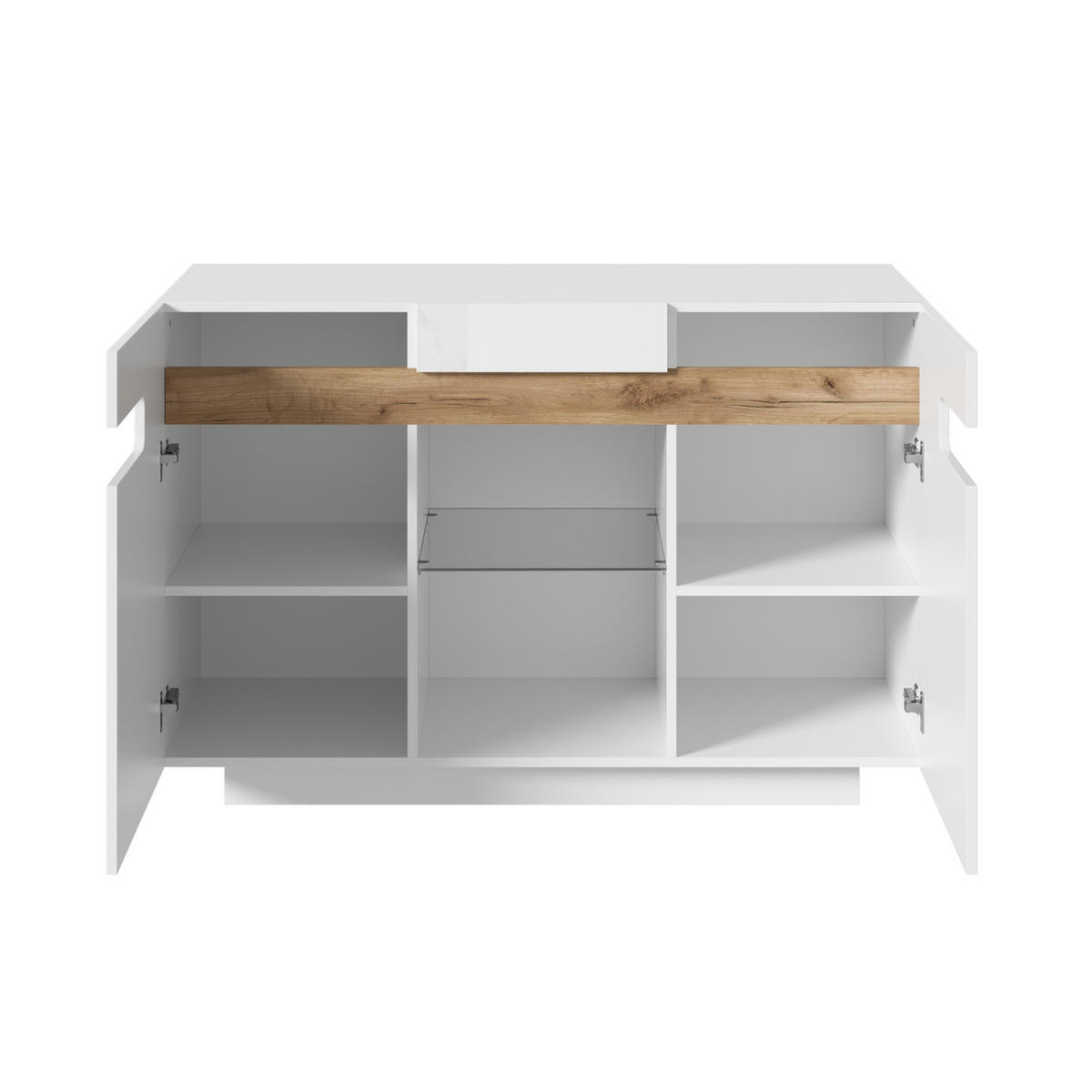 SIDEBOARD 120/40/80 cm Weiß/Natur aus Spanplatte und Glas mit LED - Weiß, Glas (120/80/40cm) - OKWISH