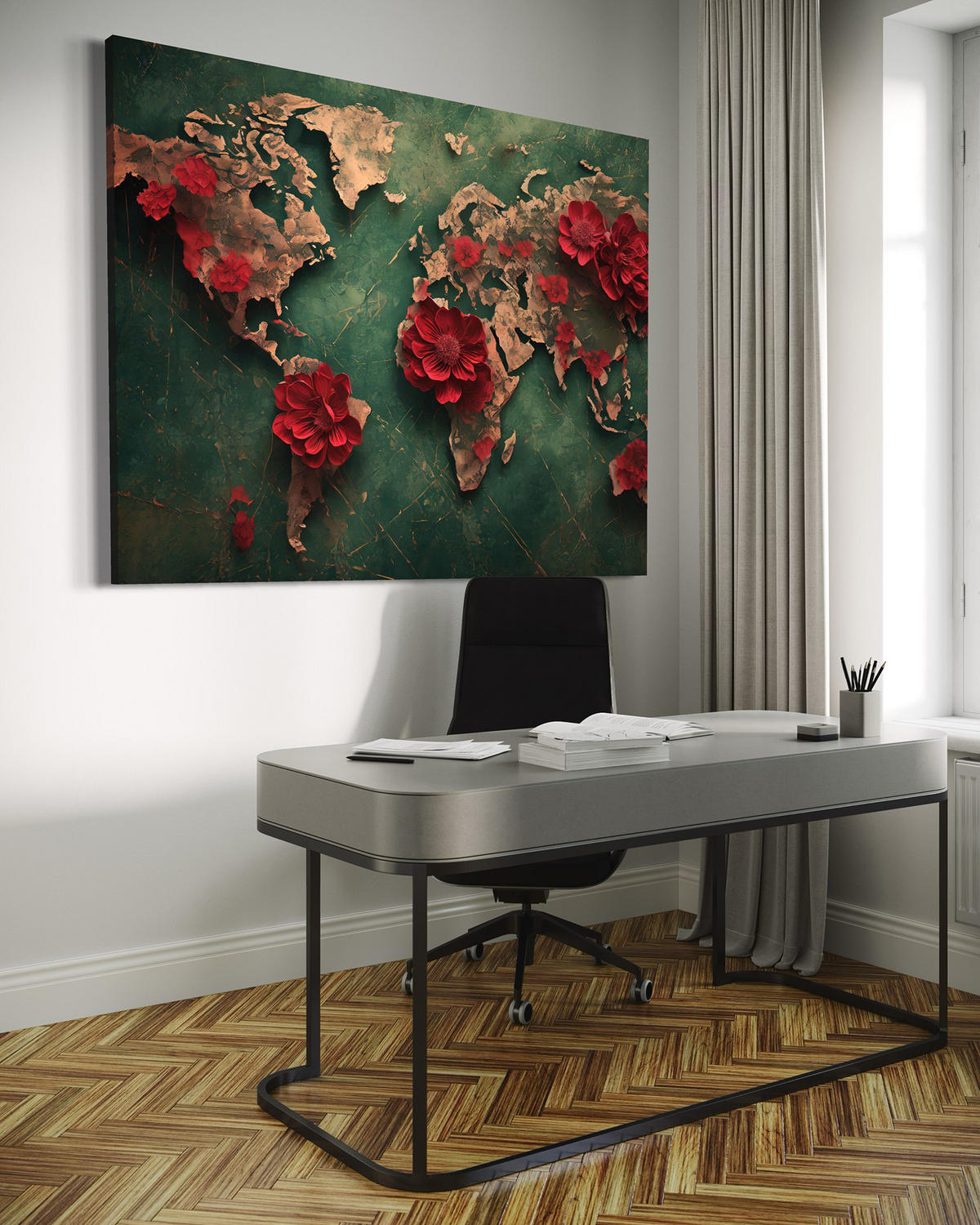 WANDBILD weltkarte blumen rosen - Grün, Textil (60/40cm) - Feeby