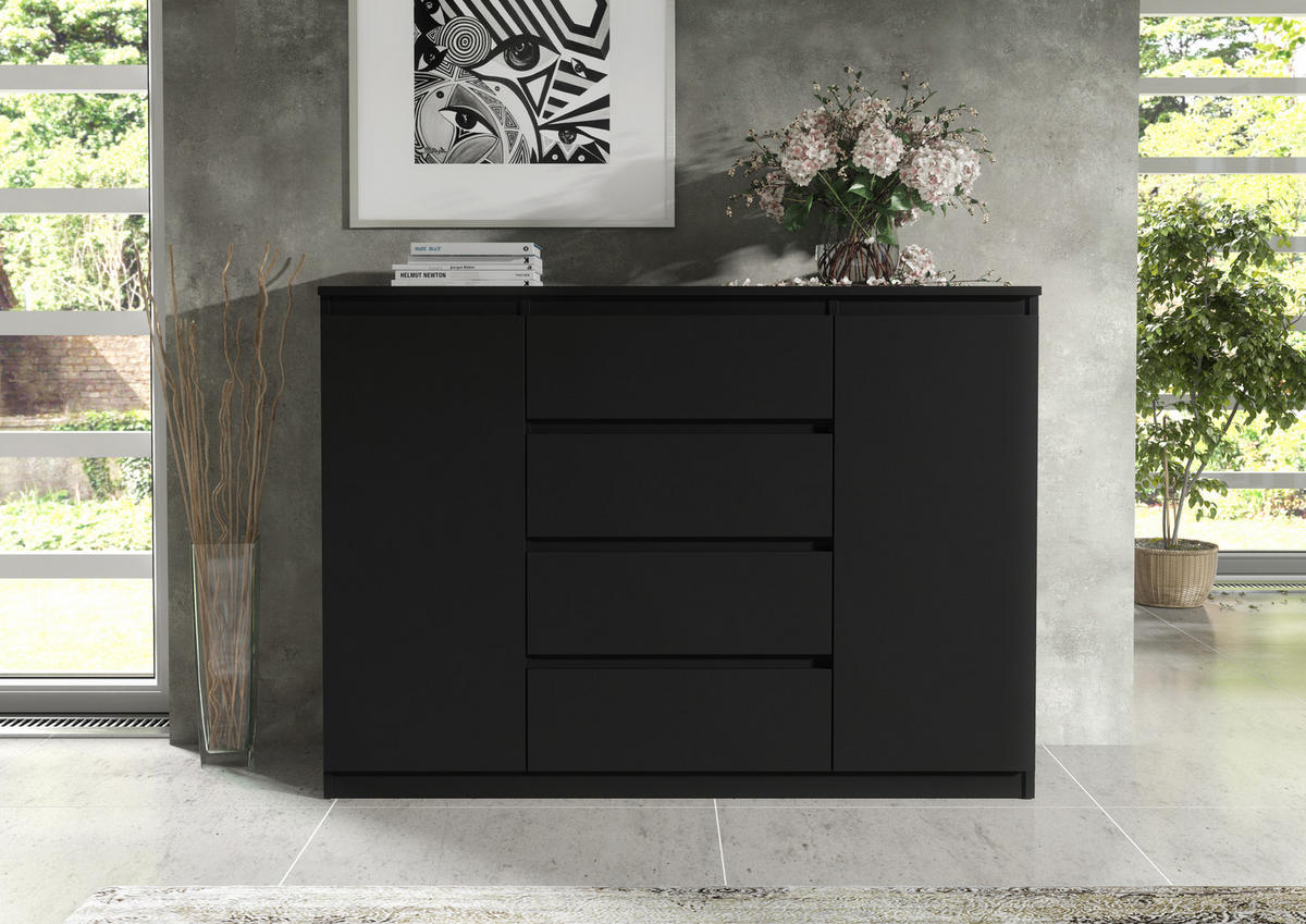 KOMMODE NUDO 138,5/101,5/39cm mit 4 Schubladen 2 Türen Schwarz - Schwarz, Holzwerkstoff (138.5/101.5/39cm) - MASSENO