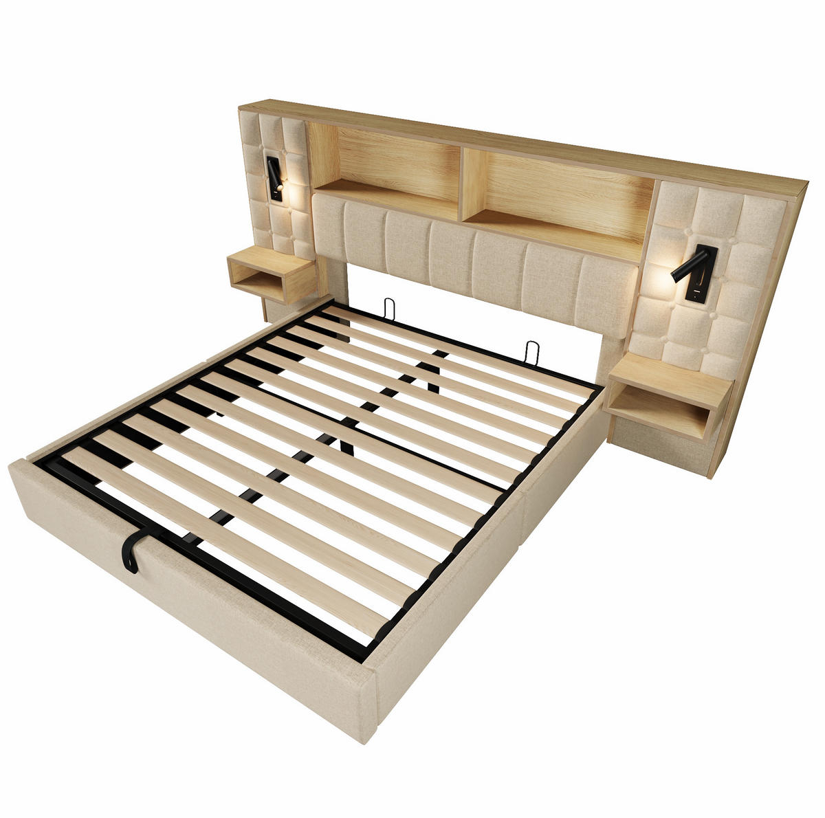 BETT mit Stauraum 160x200 cm Leinen Beige mit Nachttischen - Beige, Metall (160/200cm) - Meubliv