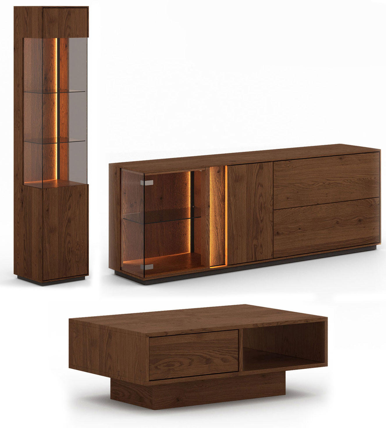 WOHNZIMMER-SET Collodi Wildeiche Tabak (3tlg) - Türanschlag links - Wildeiche/Eichefarben, Holz (318/205/70cm) - Feldmann-Wohnen