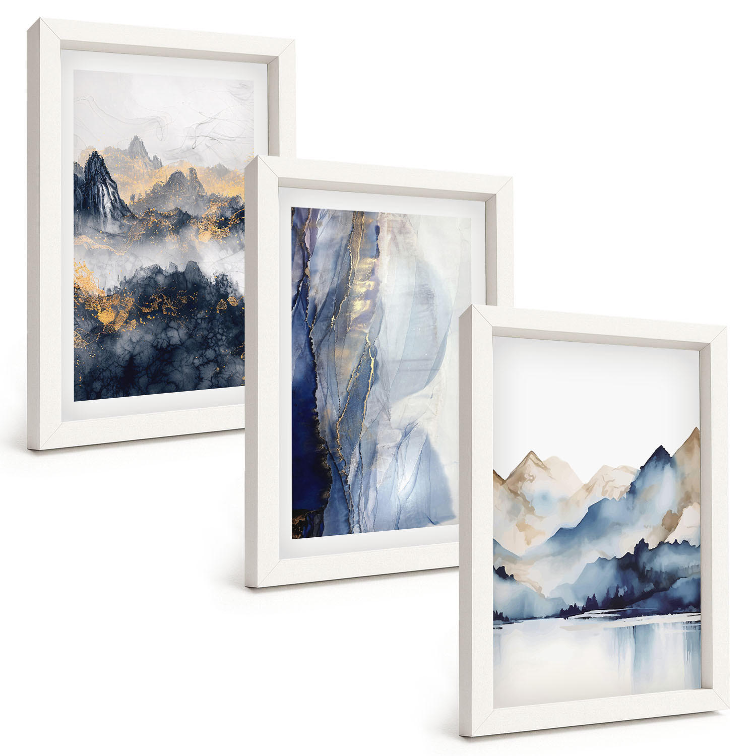 BILDER SET 3er Set - 20x30 cm Weißer Rahmen - Blaue und graue Berglandschaften - Weiß, Kunststoff (20/30cm) - TULUP