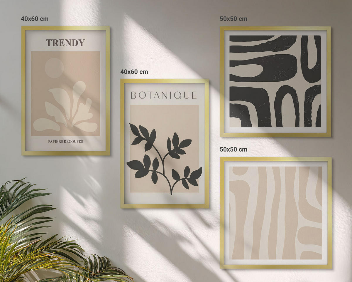 BILDER SET 4er Set - 50x50 cm & 40x60 cm Goldrahmen - Stilvolle Pflanzenmuster in Beige und Schwarz - Goldfarben, Kunststoff (50/50cm) - TULUP