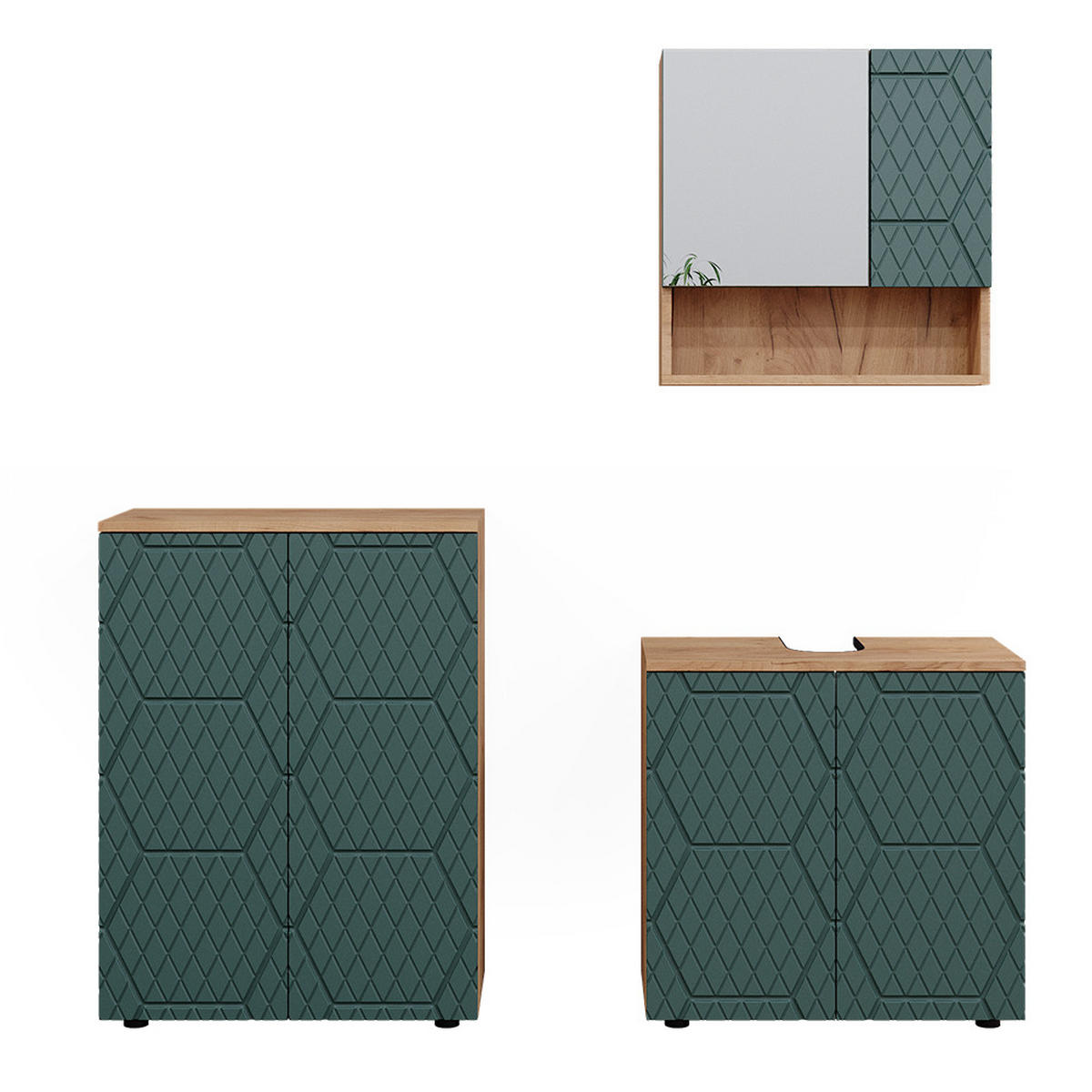 BADMÖBEL-SET Irma Grün 3 Teile, mit Unterschrank 60 cm - Honigeiche/Grün, Holzwerkstoff (80/58.6/41cm) - Vicco