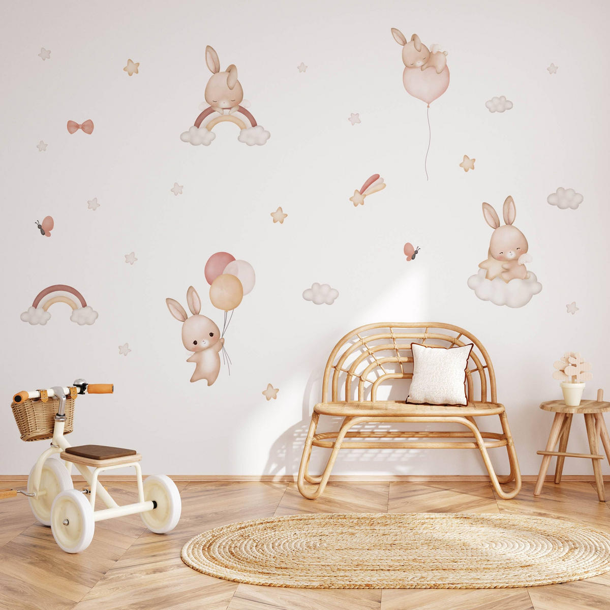 WANDAUFKLEBER SET Kaninchen Sternen Wolken Regenbogen 120x60 - Beige/Rot, Papier (120/60/1cm) - Muralo