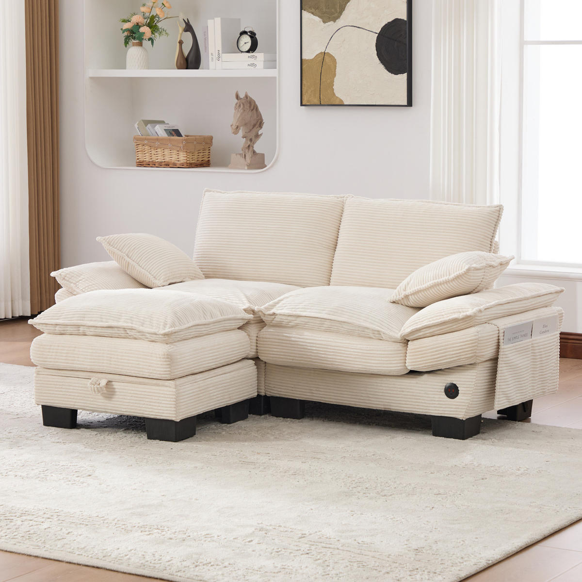 SOFA 2-Sitzer mit Hocker 190 x 132 cm Cord Beige - Beige, Kunststoff (132/190.1cm) - Meubliv