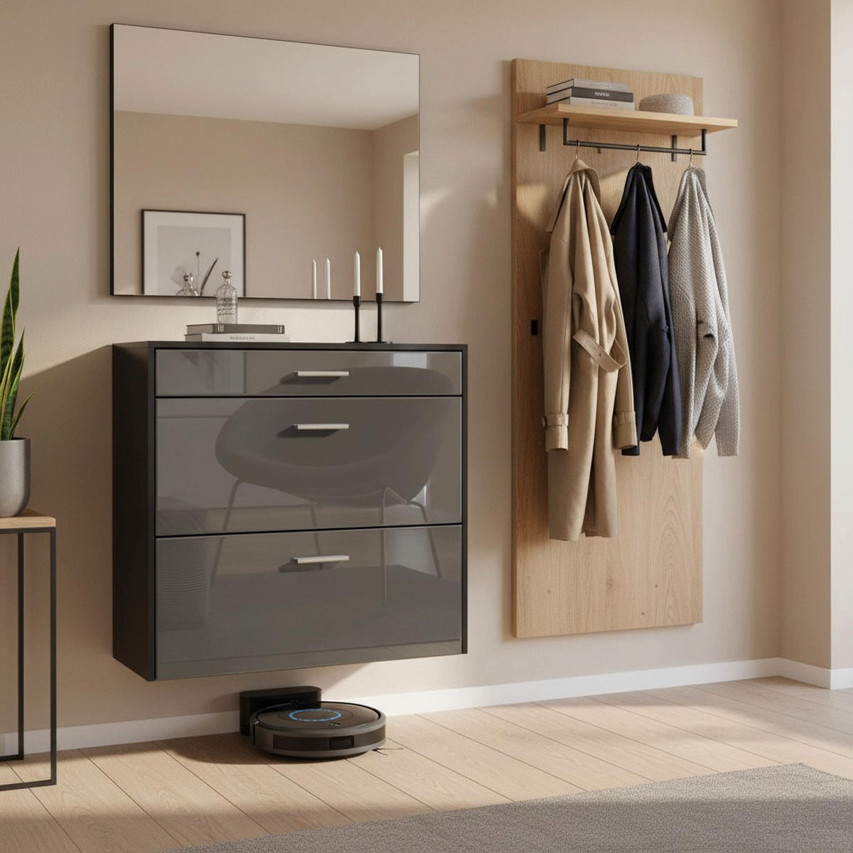 HÄNGENDER-SCHUHSCHRANK Roma Air Schmal mit 2 Klappen und 1 Schublade, Platzsparender Schuhkipper, Schwarz/Grau Hochglanz (89 x 87 x 23 cm) - Grau, Holzwerkstoff (89/87/23cm) - InnoFurn