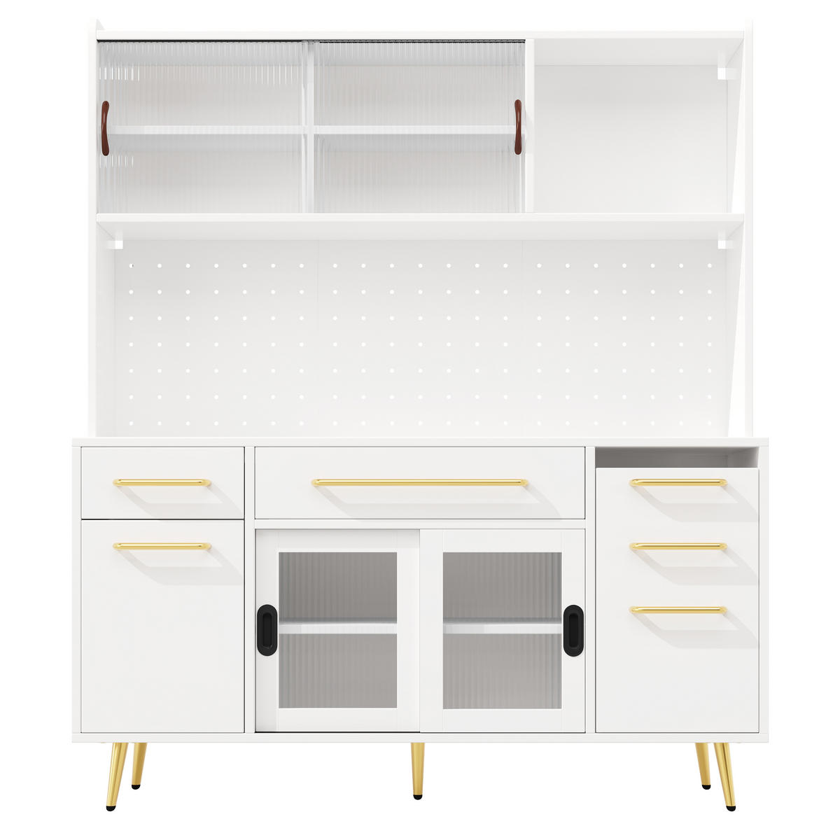 BUFFET DE-38428 145/39/171 cm mit LED-Beleuchtung und Lochwand Weiß - Weiß, Holzwerkstoff (145/171/39cm) - ComfortXL