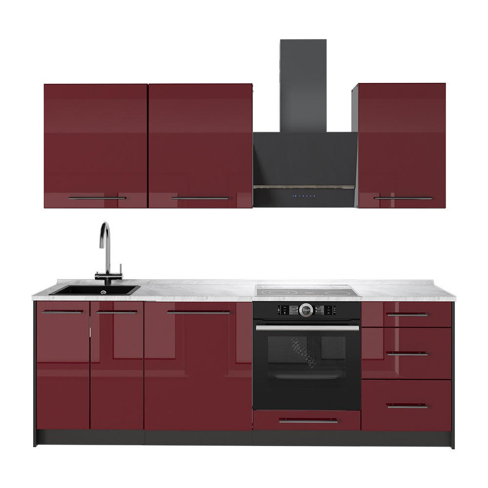 KÜCHENZEILE Fame-Line, Bordeaux Hochglanz/Anthrazit, 230 cm, AP Marmor - Bordeaux/Anthrazit, Holzwerkstoff (230/82/60cm) - Vicco