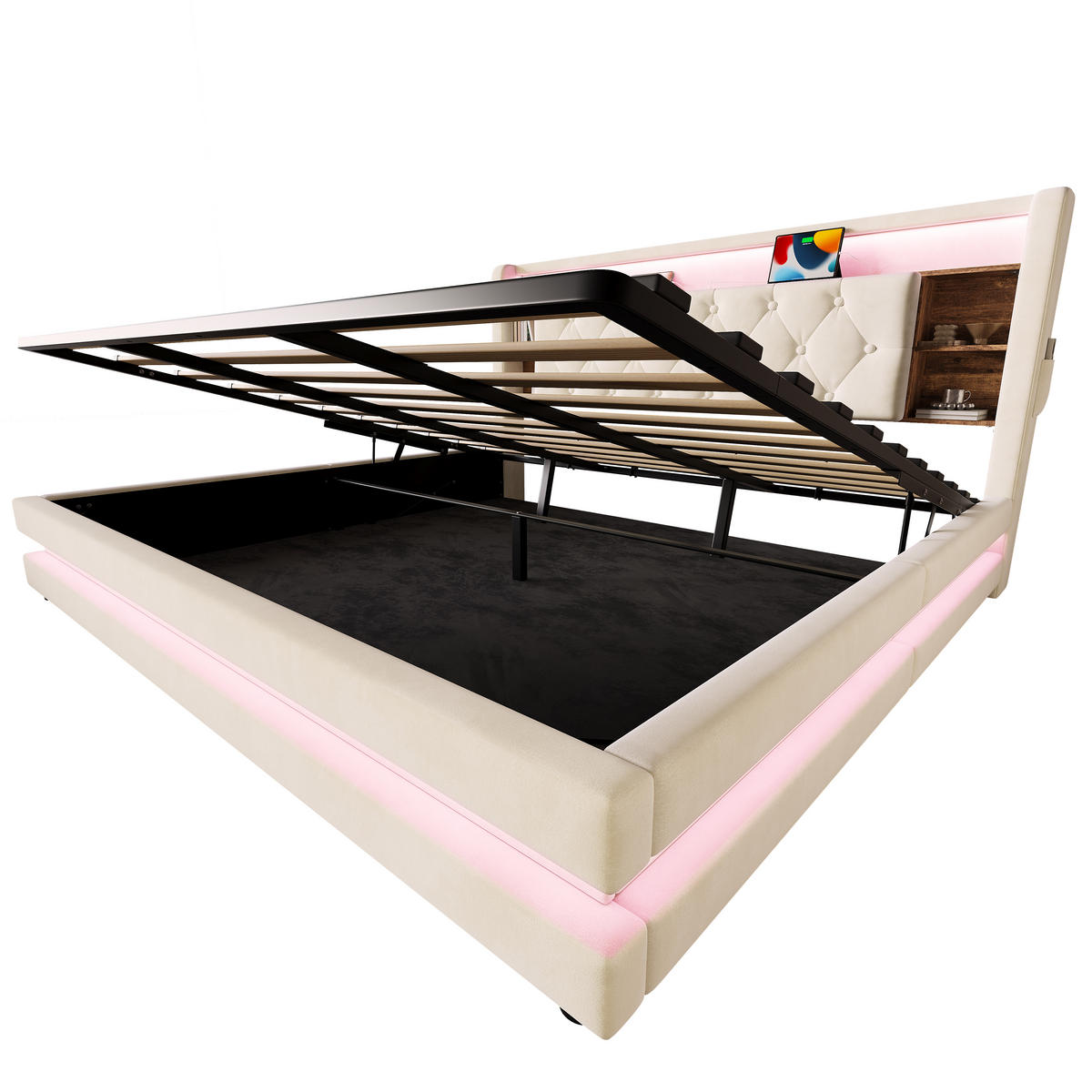 BOXBETT 180/200 mit LED/USB, Kopfteil-Regal & Hydraulik, Samt, Beige - Beige, Holz (180/200cm) - LVHOM
