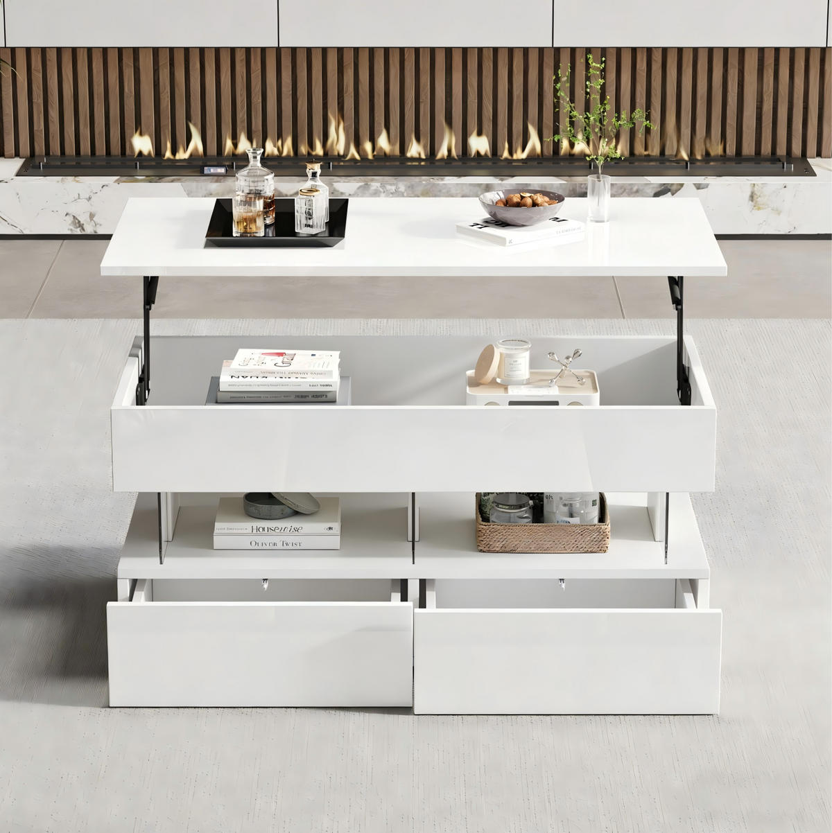COUCHTISCH 100/50/46 cm weiß aus MDF mit Hubfunktion und LED - Weiß, Holzwerkstoff (100/50/46cm) - OKMYHOME