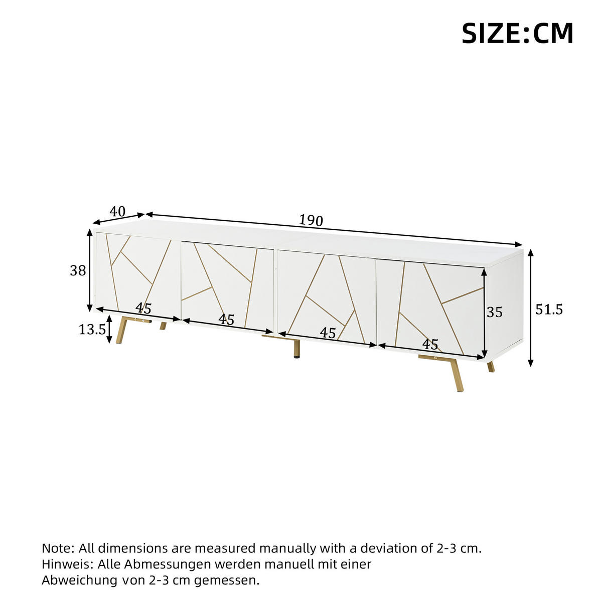 TV STOLEK bílý se 4 dvířky a 5 kovovými nohami, do obývacího pokoje, pro TV do 85", 190 × 40 × 51,5 cm - bílá/zlatá, kov/kompozitní dřevo (190/51.5/40cm) - STILVORA