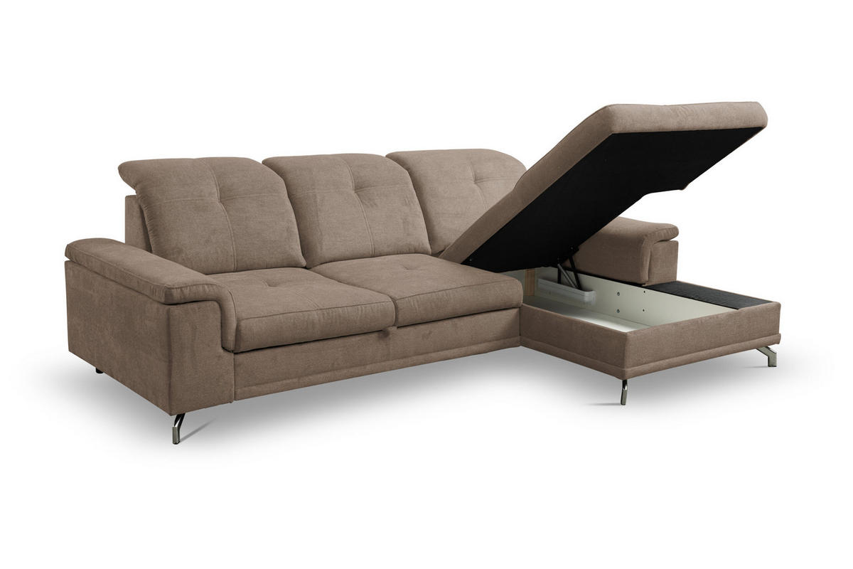 ECKSOFA PANAMA mit Schlaffunktion und Bettkasten, Farbe: Braun, Velourstoff, Ottomane Rechts - Braun, Textil (270/180cm) - VENASI MÖBEL