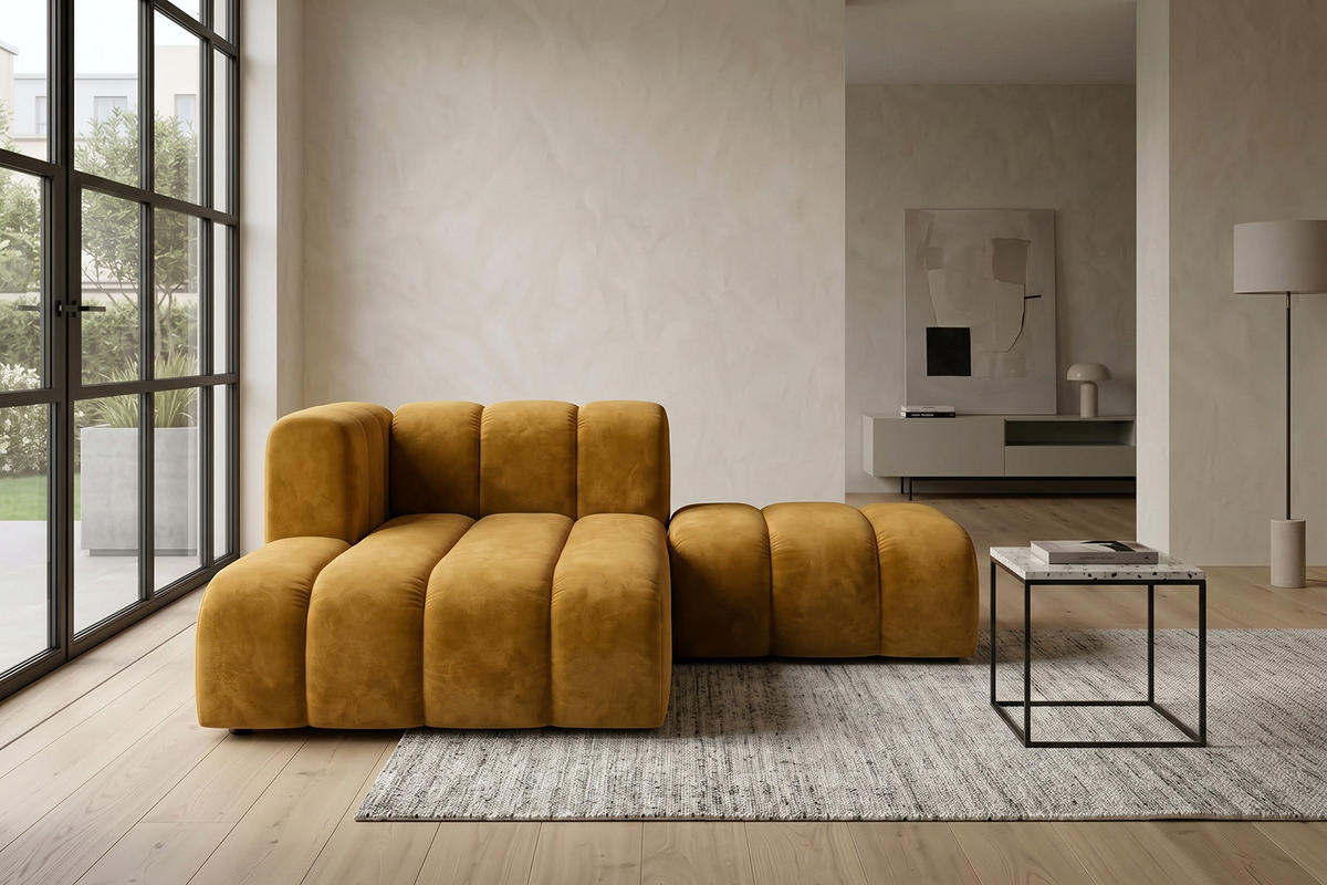 CHAISELONGUE Modulare Mit Hocker, Velvet-Stoff Riviera, Senffarbe, Links, GRAND - Gelb, Holz (204/179cm) - Kaiser Möbel
