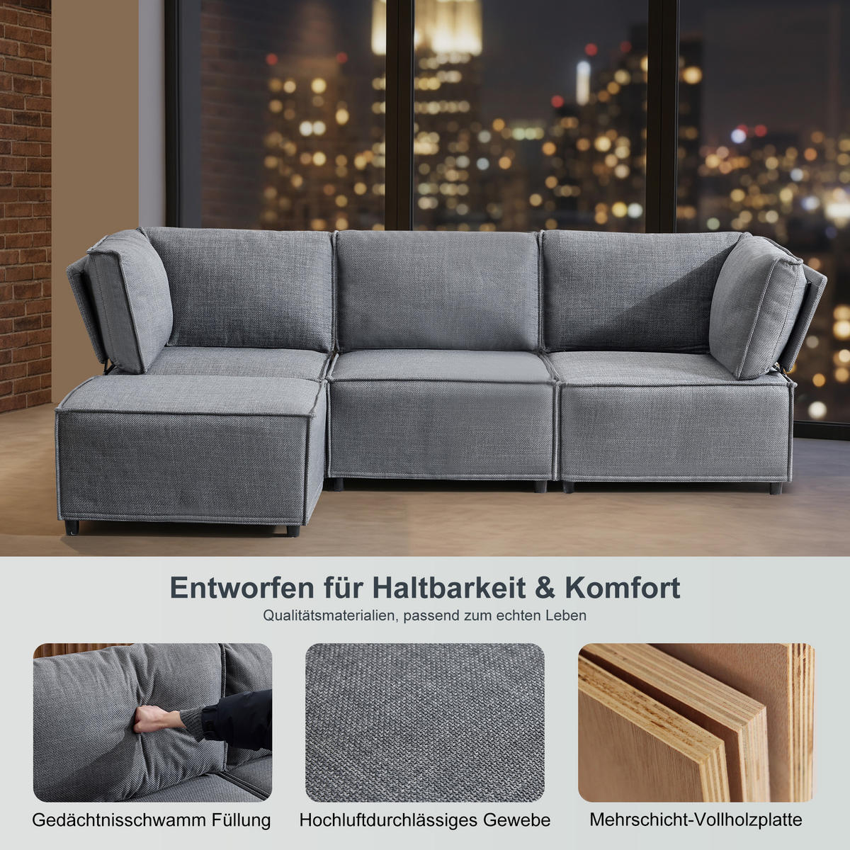 ECKSOFA DE-35021 modular Hellgrau - Hellgrau, Holzwerkstoff (154/238cm) - ComfortXL