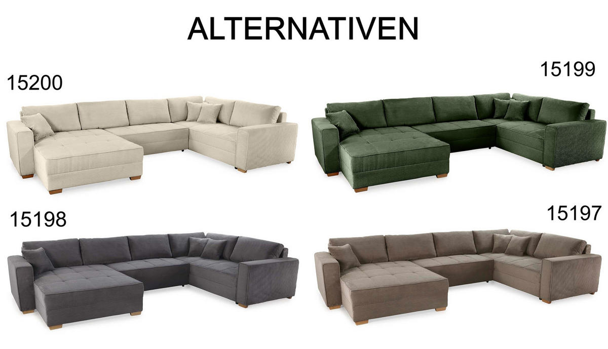 WOHNLANDSCHAFT Schlaffunktion Bettkasten Wellenunterfederung, spiegelverkehrt montierbar U-Form B379/T227/H86 cm, Cord Beige Grau / 15200 - Greige/Eichefarben, Holz/Textil (379/86/227cm) - luma-home