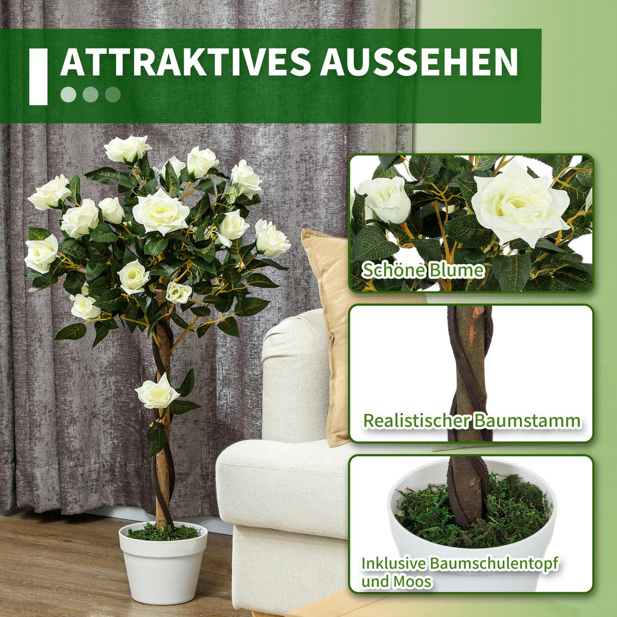 KÜNSTLICHE Rosenpflanzen 2er-Set groß 90 cm Kunstpflanze - Weiß/Grün, Kunststoff (90cm) - Outsunny