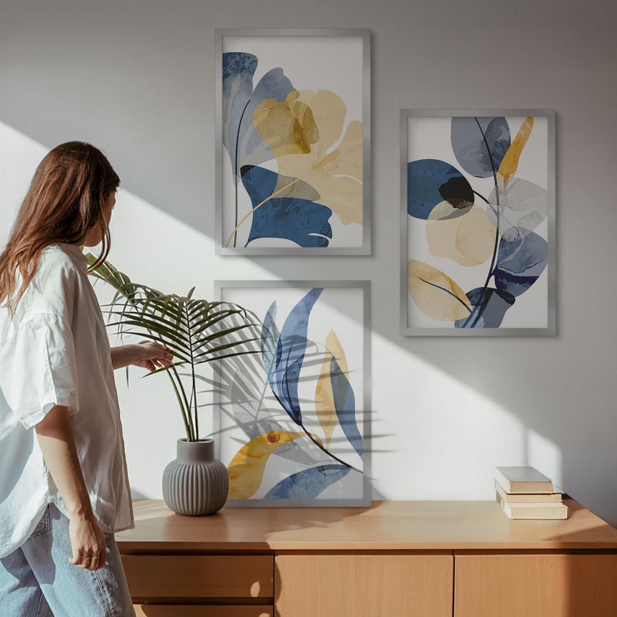 WANDBILDER 3er Set - 40x60 cm Silberner Rahmen - Aquarell-Pflanzenmotive - Silberfarben, Kunststoff (40/60cm) - ArtPrintCave