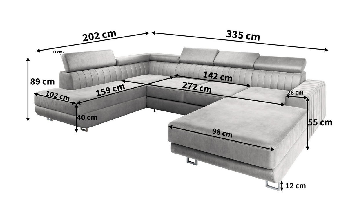WOHNLANDSCHAFT SIENA R-S Hellgrau Velours-Stoff mit Schlaffunktion - Hellgrau, Holz (335/89/190cm) - MASSENO