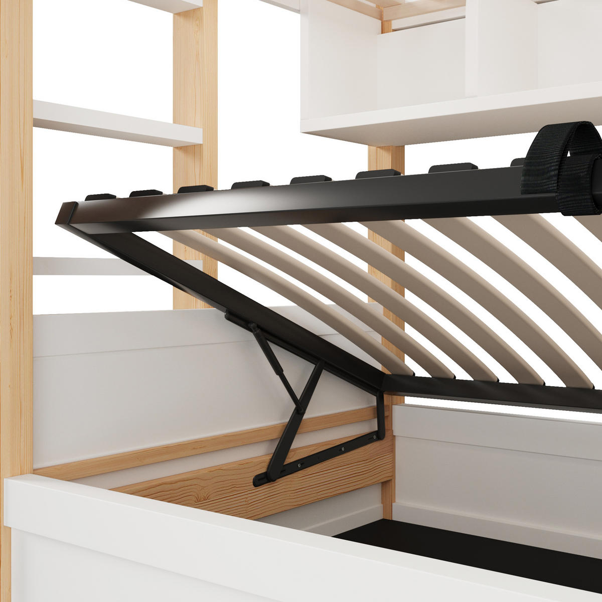 ETAGENBETT 90x200 cm im Hausdesign in Weiß/Natur mit LED-Beleuchtung und Stauraum - Weiß, Holzwerkstoff (90/200cm) - IVMEU