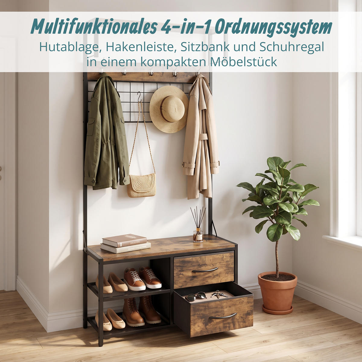 GARDEROBENSTÄNDER Vintagebraun mit Sitzbank 2-Schubladen - Multicolor, Holzwerkstoff/Textil (80/176/30cm) - Relaxdays