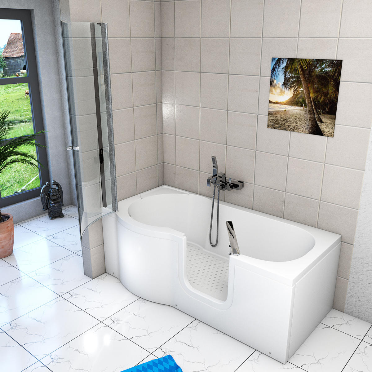 SENIORENDUSCHE Sitzwanne mit Tür S12D-R-EC 85x170 cm - Weiß, Glas/Kunststoff (85/170/200cm) - AcquaVapore by Sandra Jentho