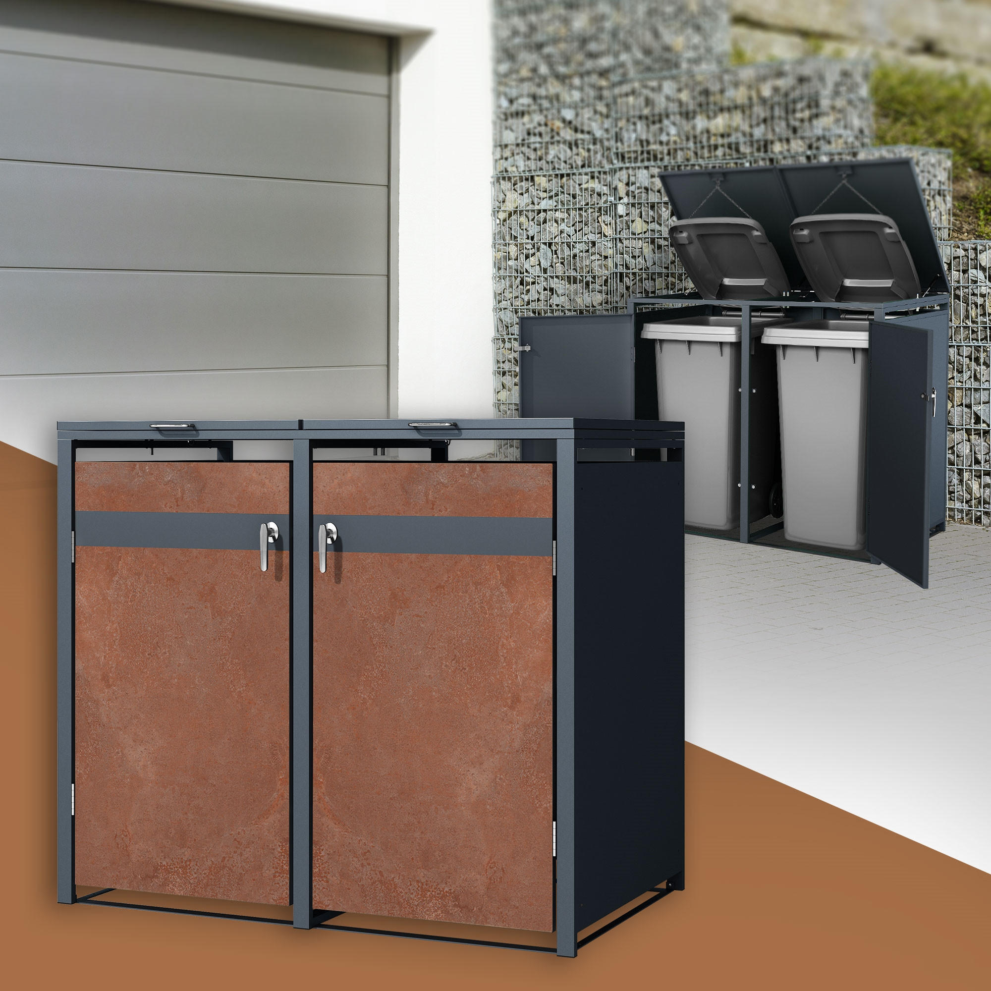 MÜLLTONNENBOX 2er Anthrazit-Rostoptik - Rotbraun, Metall (80/116.3/132cm) - ML-DESIGN