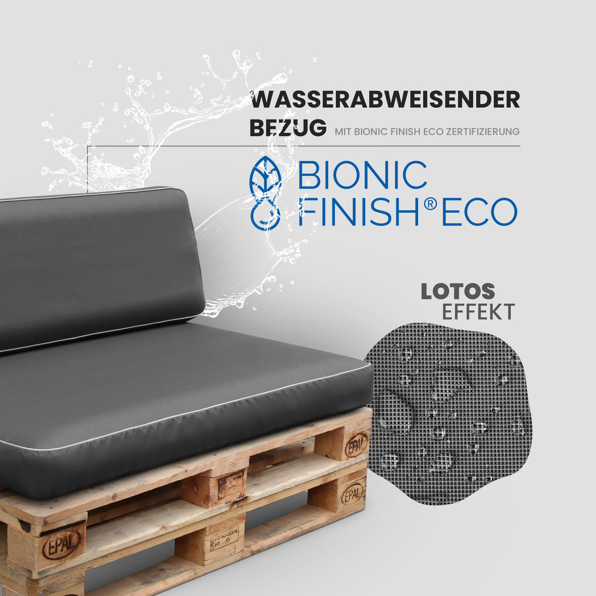 PALETTENKISSEN Set 2-tlg. ( Anthrazit ) - Indoor/Outdoor - 120x80x15 cm + 120x40x15cm - wasserabweisend ( Lotusblüteneffekt ) aufblasbares Innenkissen - Anthrazit, Textil (80/15/120cm) - Arsvita
