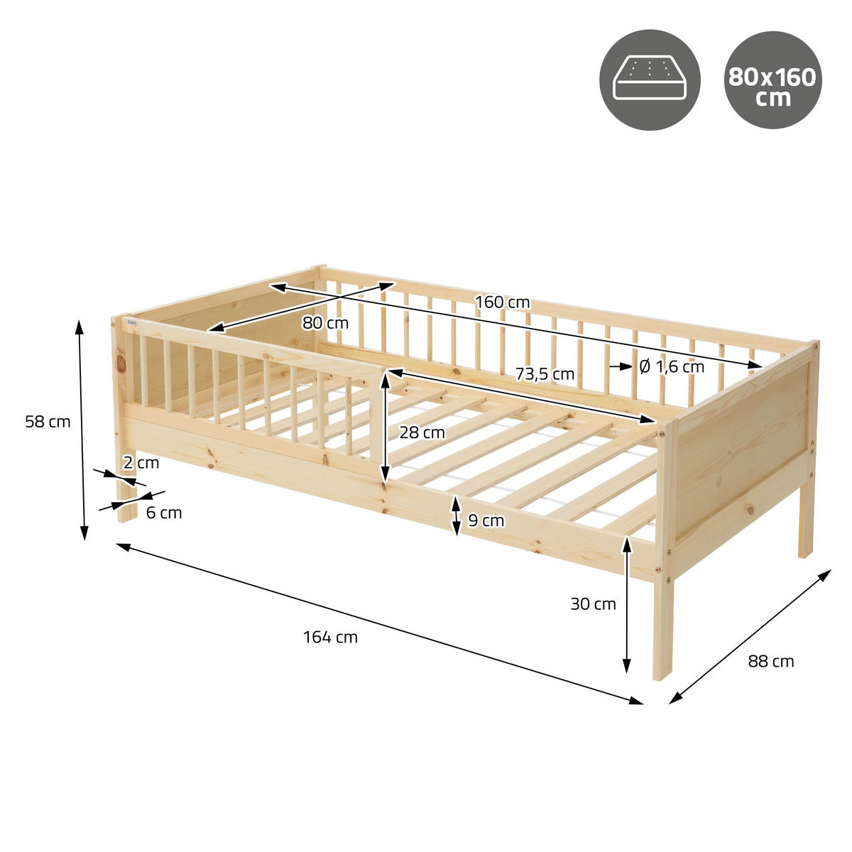 KINDERBETT 80x160 cm Natur - Naturfarben, Holzwerkstoff - ML-DESIGN