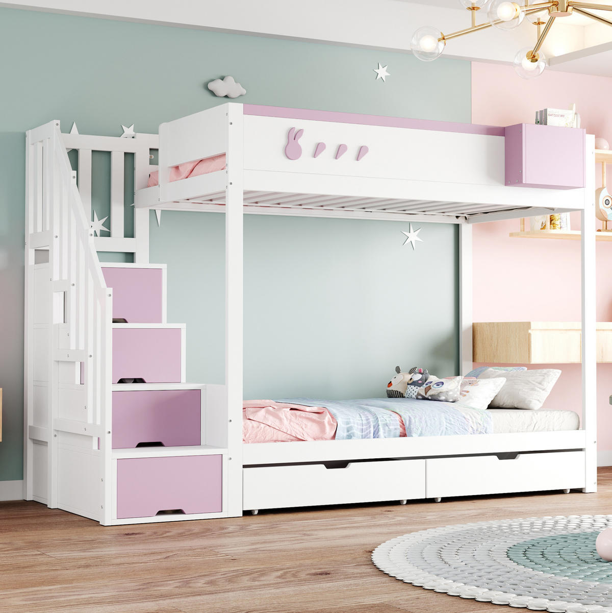 ETAGENBETT 90/200 cm mit Kaninchen und Karottenmotiven und abnehmbarem Ablagefach - Weiß, Holz (90/200cm) - OKWISH