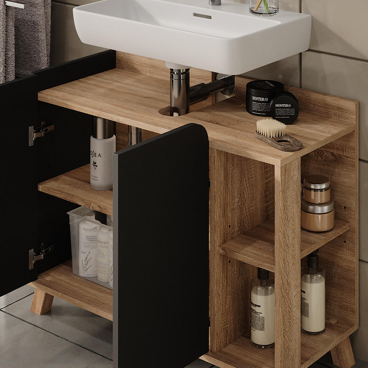 WASCHBECKENUNTERSCHRANK Karen Sonoma/Anthrazit 80 x 65 cm mit 2 Türen - Anthrazit/Sonoma Eiche, Holzwerkstoff (80/65/35cm) - Vicco