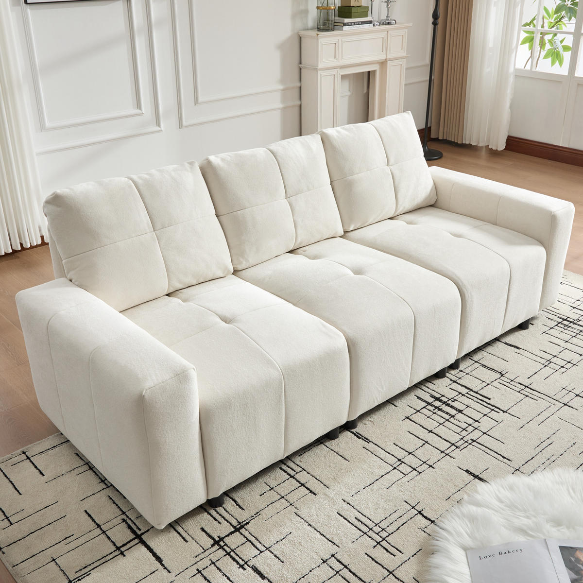 3-SITZER SOFA Chenille Beige & Weiß mit Schlaffunktion - Beige, Holzwerkstoff/Kunststoff (213/84/94cm) - WISHDOR