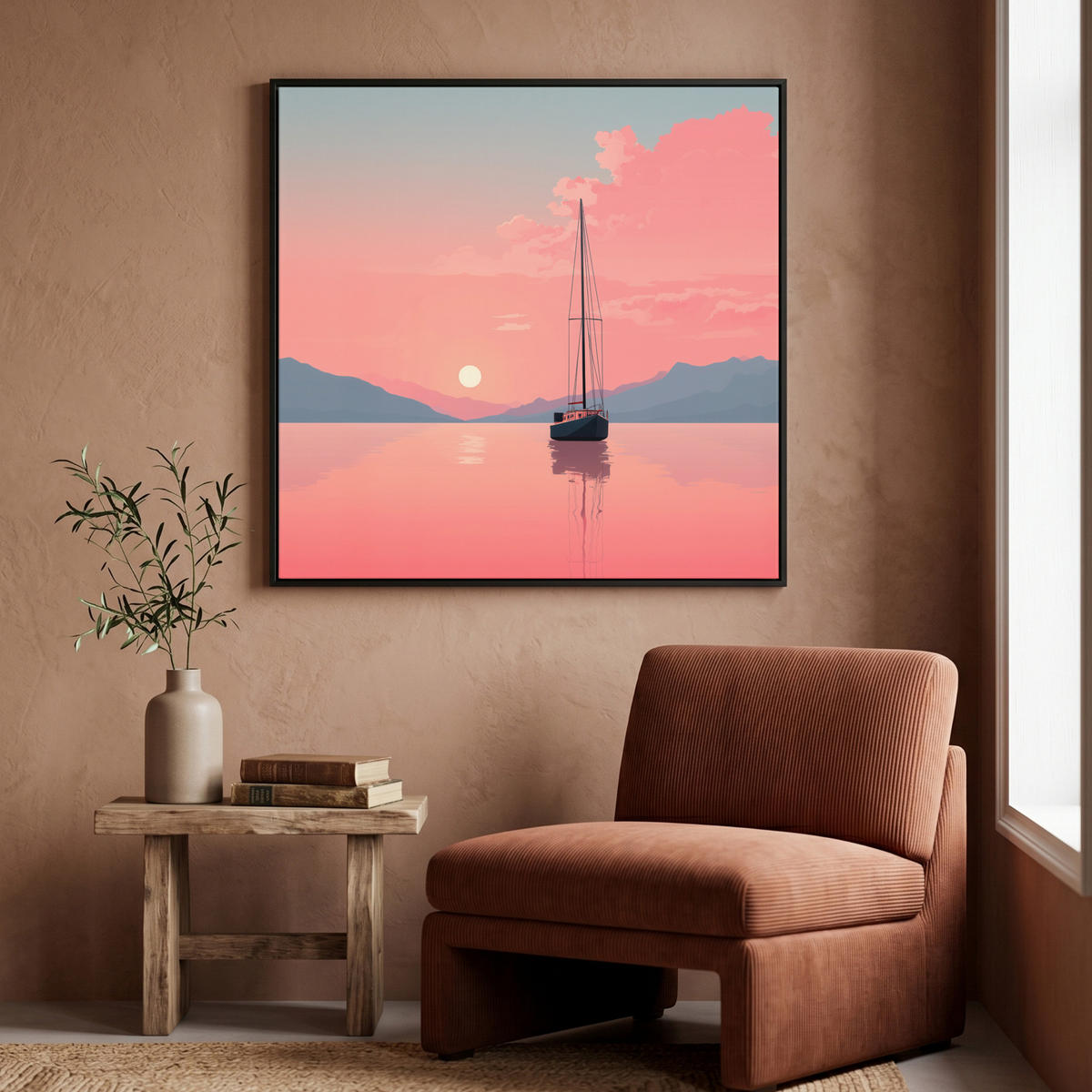 LEINWAND Bilder mit Rahmen - Segelboot - Rosa Meer - Sonnenuntergang - Berge - 90x90 - Rosa, Textil (90/90cm) - MuchoWow