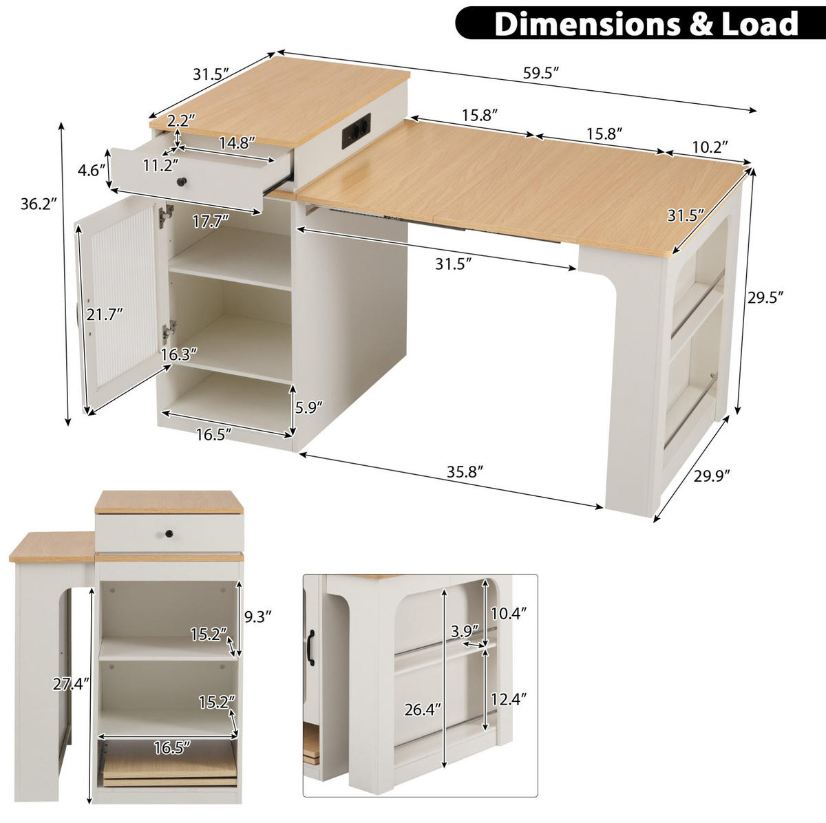 KÜCHENINSEL 80/71~111~151/92 cm Weiß/Natur aus MDF und Glas mit Ausziehfunktion - Weiß, Holzwerkstoff (80/92/71cm) - OKMYHOME