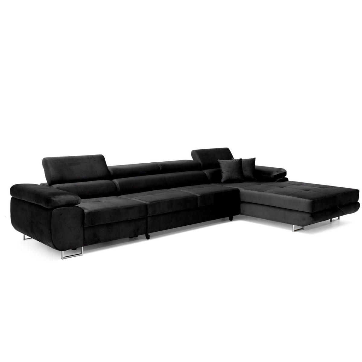 ECKSOFA ALONZO MAXI Rechts mit Schlaffunktion 125x195 Velours Schwarz - Silberfarben/Schwarz, Holz/Textil (203/350cm) - Muffo