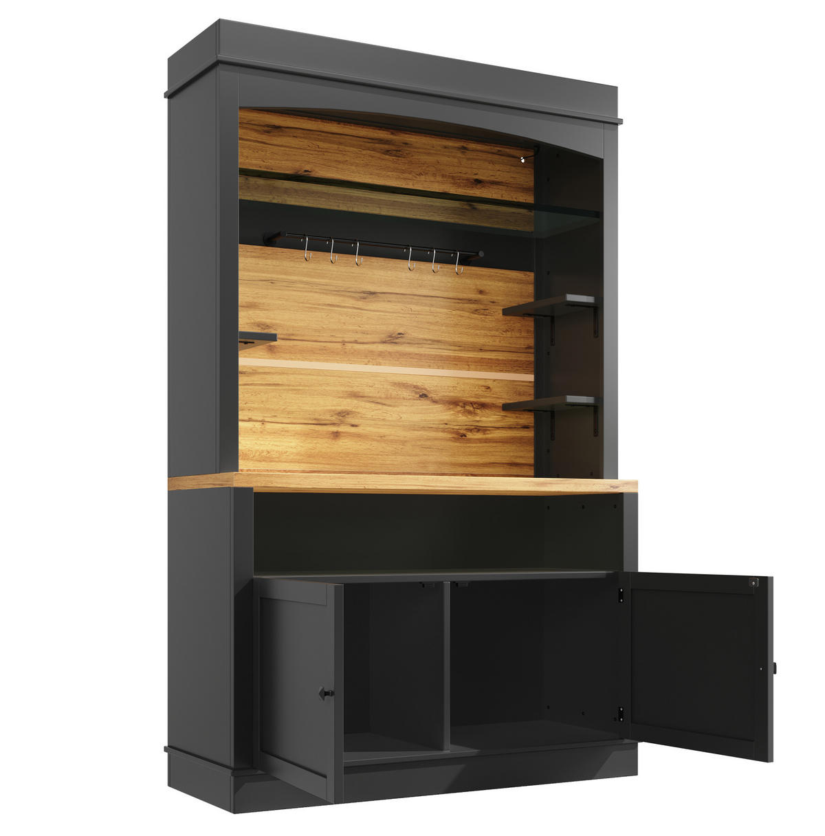 BUFFET 107/43/184 cm in Schwarz mit LED-Beleuchtung und viel Stauraum - Schwarz, Holzwerkstoff (107/184/43cm) - Flora Grace