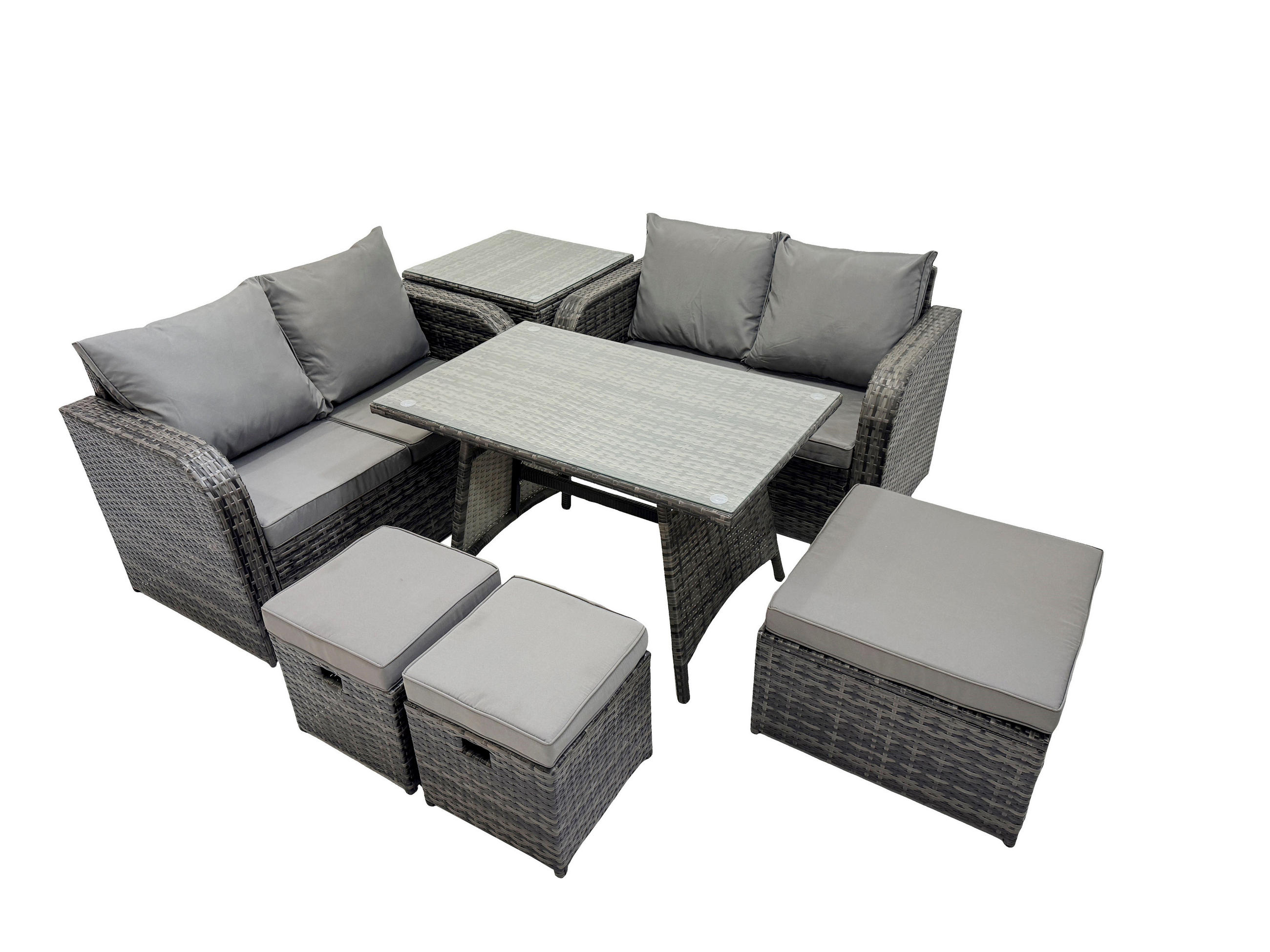 GARTENMÖBELSET mit ESSTISCH,SOFA Polyrattan 7-Sitzer - Dunkelgrau/Grau, Glas/Kunststoff - Fimous