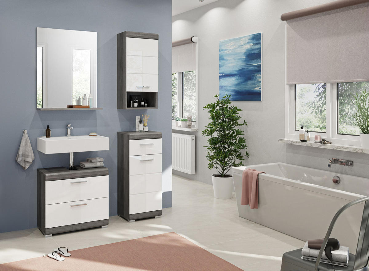 BADKOMBINATION 4tlg. Scout Bad in Rauchsilber Nachbildung und weiß hochglanz B/H/T: 112x191x34 cm - Anthrazit, Holz (112/191/37cm)