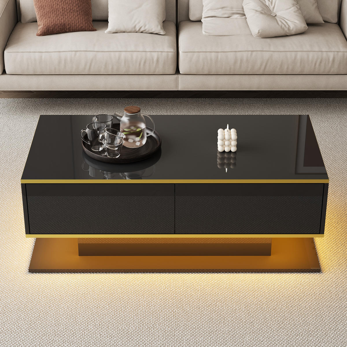 COUCHTISCH 100/50/40 cm Schwarz Gold mit LED-Beleuchtung Hochglanz mit 3 Schubladen - Schwarz, Holzwerkstoff (100/50/40cm) - OKWISH