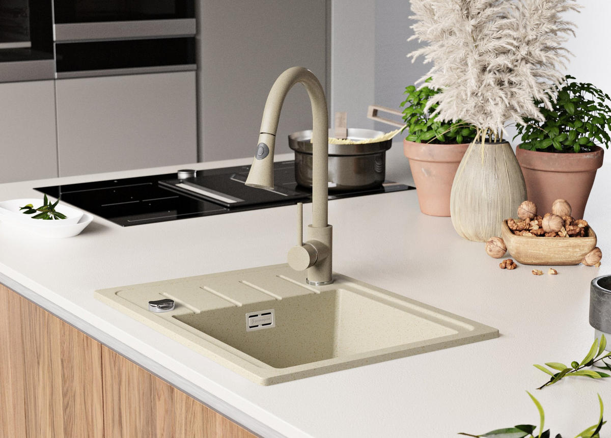 SPÜLBECKEN Kopenhagen Easy, 2-er set Beige 55/44 cm 1 Becken + Ablauf-Set ab 45er Unterschrank - Chromfarben/Beige, Kunststoff (55/17/44cm) - Primagran