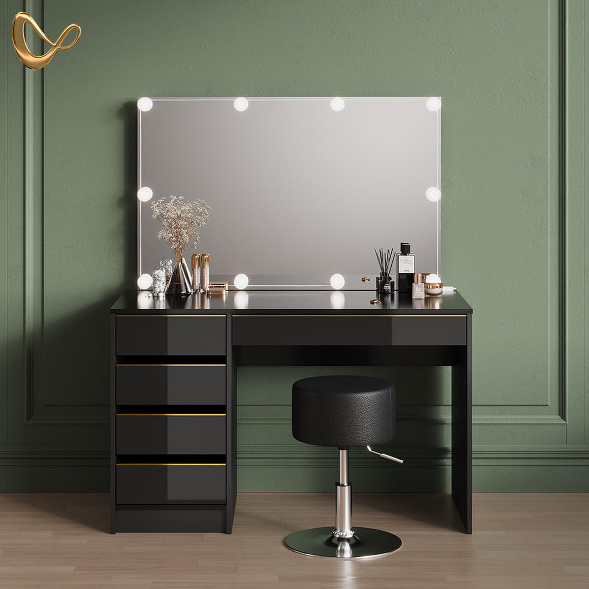 SCHMINKTISCH Imola Schwarz/Gold mit LED Beleuchtung und Hocker - Goldfarben/Schwarz, Holzwerkstoff (120/75/55cm) - Livinity®