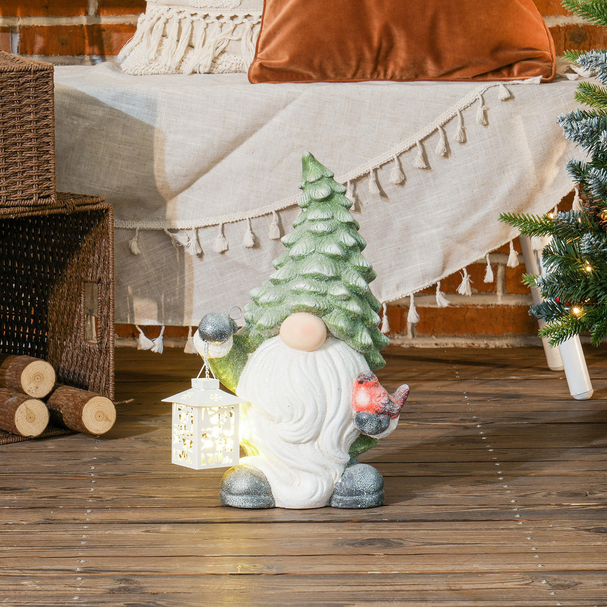 VÁNOČNÍ dekorace figurka 42 cm Santa Claus s vánoční čepicí a lucernou - bílá/zelená barva, kov (21/42/28cm) - HOMCOM