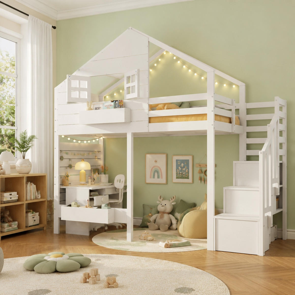 ETAGENBETT 90/200 mit Stauraumtreppe, Rausfallschutz und Fenster in Weiß - Weiß, Holzwerkstoff (90/200cm) - EVRYAE