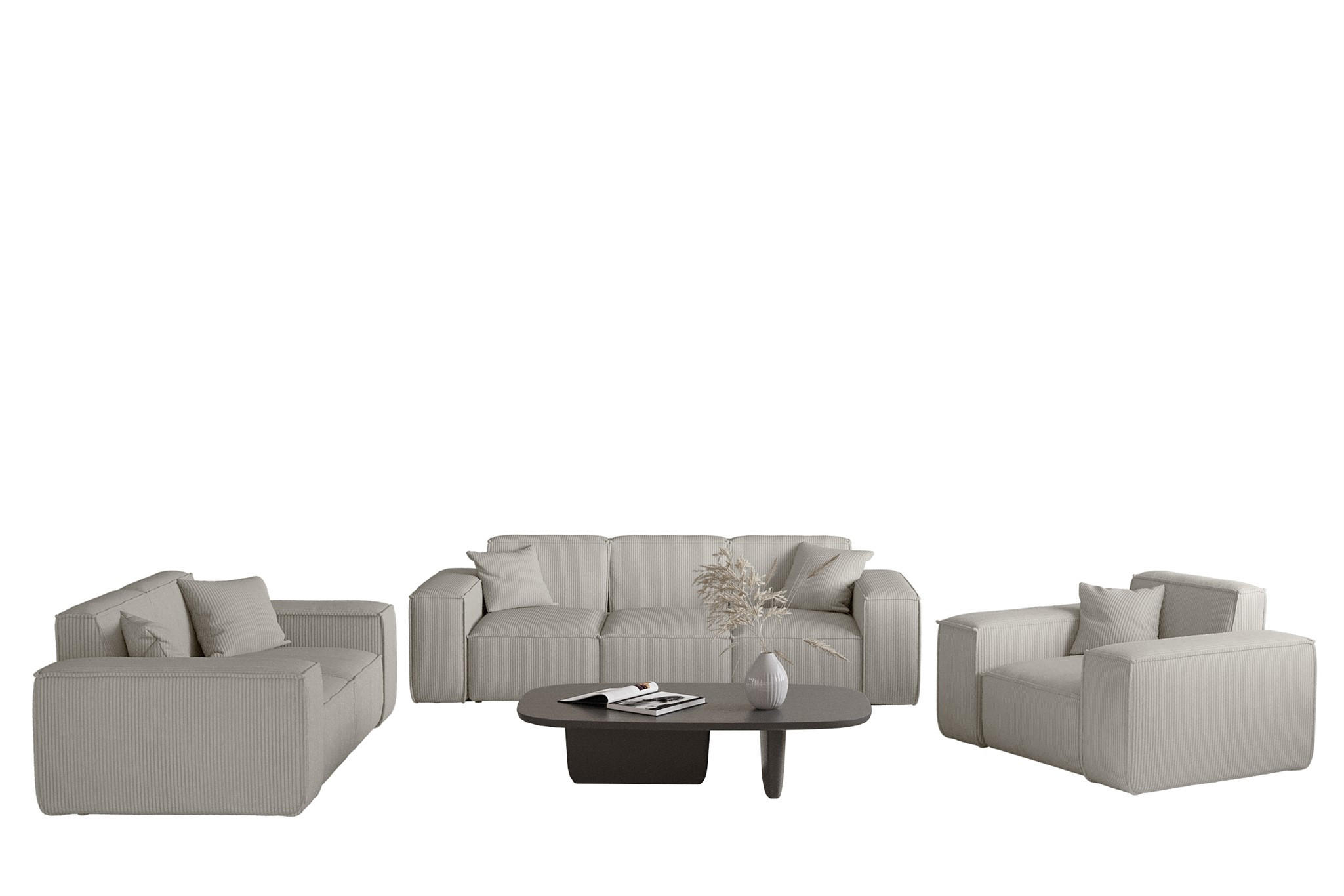 SOFASET Celes Premium 3-2-1 Stoff Scala - Hellgrau, Holzwerkstoff/Textil (225/73/88cm) - Fun Möbel