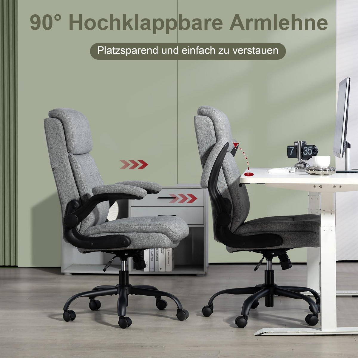 BÜROSTUHL Stoff Grau mit hoher Rückenlehne und hochklappbaren Armlehnen - Grau, Textil (68/113/70cm)