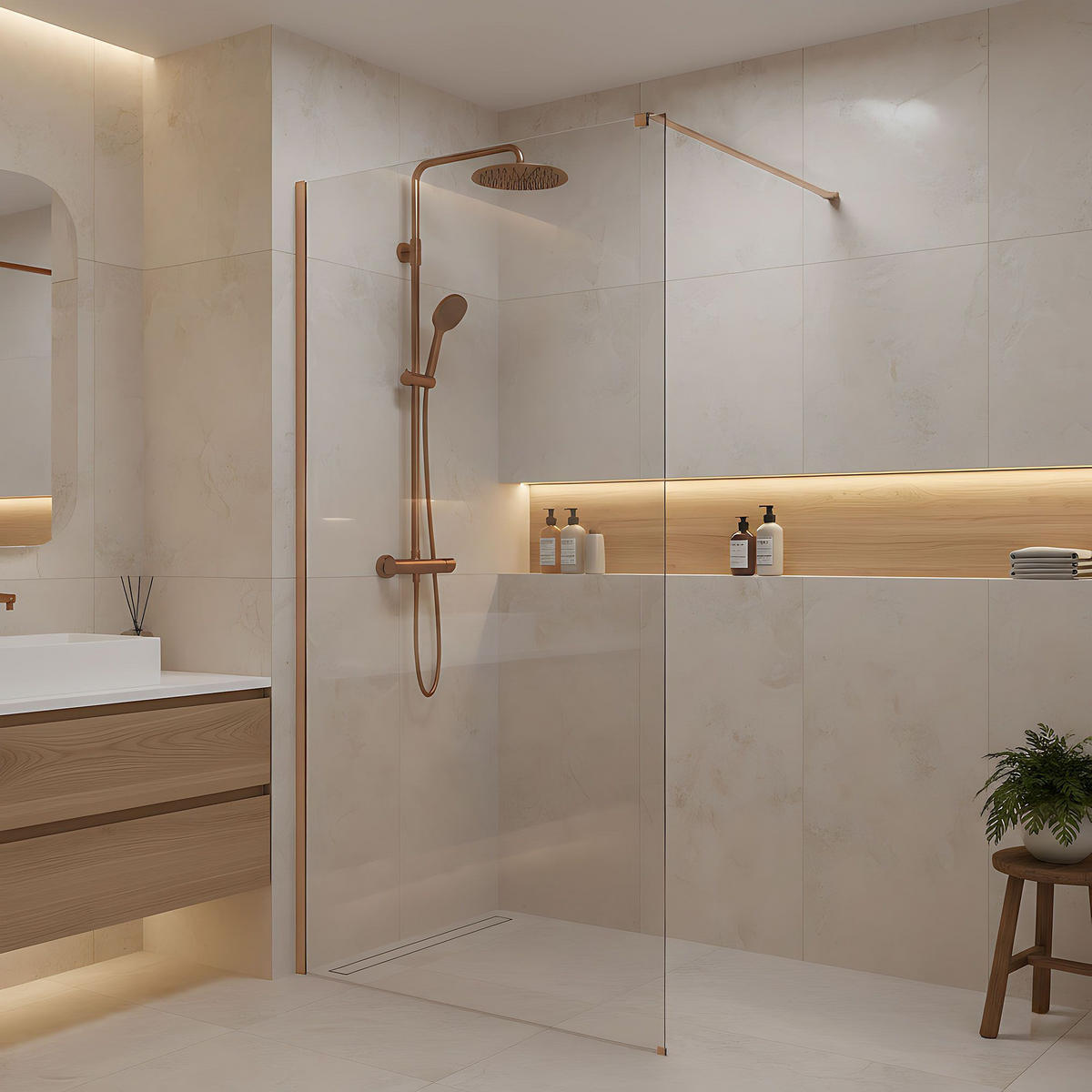 DUSCHWAND Rea Flexi Transparent / Brush Copper 90 - Kupferfarben, Glas (120/90/195cm) - REA
