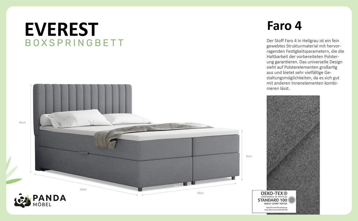 BOXBETT Everest grau 140 x 200 cm Doppelbett mit hochwertiger Bonell-Matratze und Topper - Dunkelgrau, Holz (140/200cm) - Panda Möbel