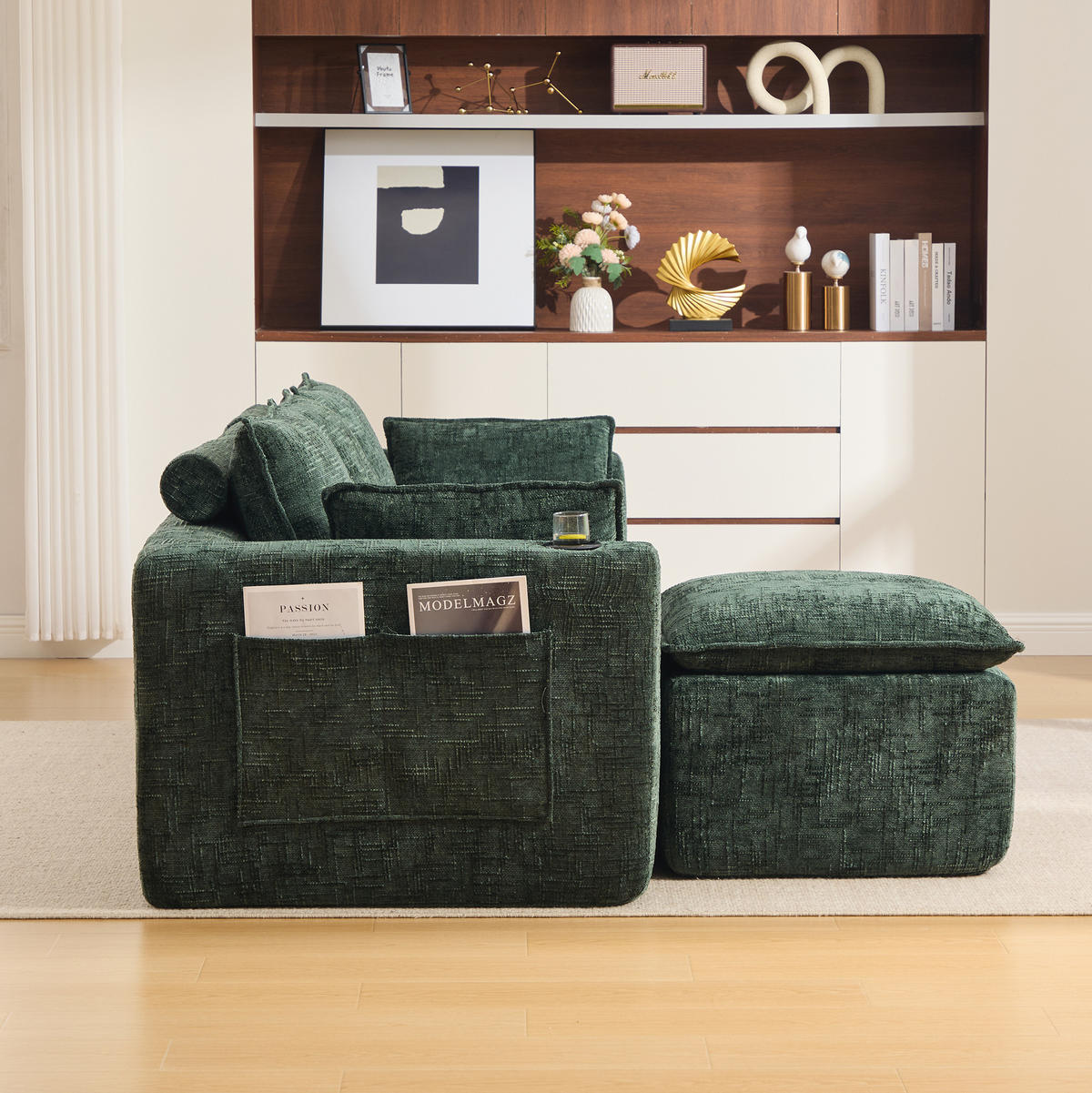 SOFA modular mit Fußhocker 256 x 161 cm Chenille Grün 3-tlg. - Grün, Holzwerkstoff (161/256cm) - Meubliv