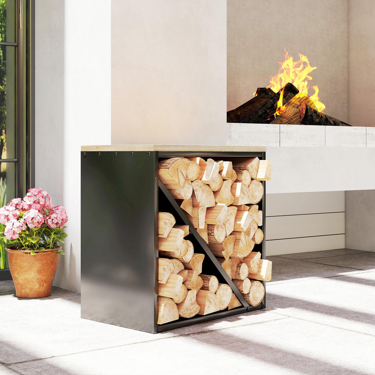 KAMINHOLZREGAL 2-in-1 für innen 58 x 36 x 60cm Brennholzregal Metall - Schwarz, Metall (36/60/58cm) - Outsunny