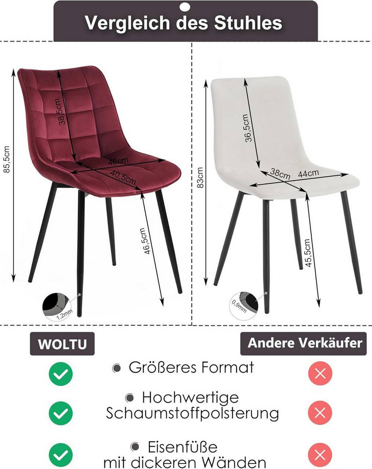 ESSZIMMERSTUHL 2er Set, Samt, Metallbeine, Bordeaux - Bordeaux/Schwarz, Textil/Metall (46/85.5/40.5cm) - Woltu